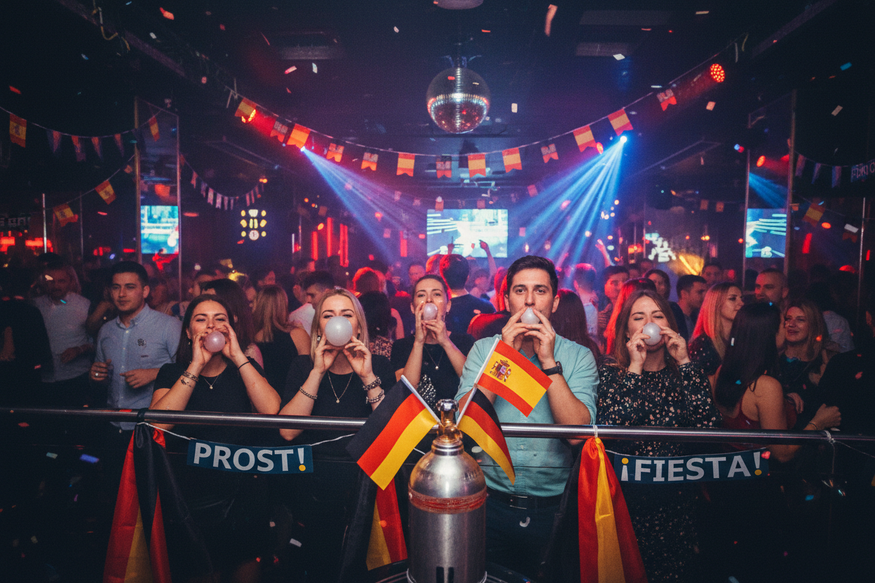 Hazme la imagen de unos Alemanes felices DE FIESTA EN SHOKO MADRID inflando globos con la boca y que haya una bombona grande de oxido nitroso con banderas de Alemania y España en Madrid centro